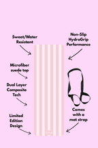 Light pink striped yoga mat with non-slip microfiber suede surface, sweat-resistant design, and included mat strap by YOLA