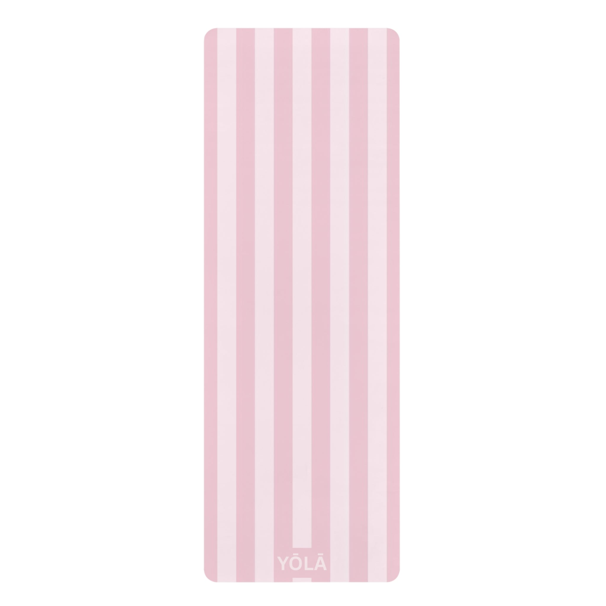 Light pink striped yoga mat with non-slip rubber base and soft microfiber top by YOLA
