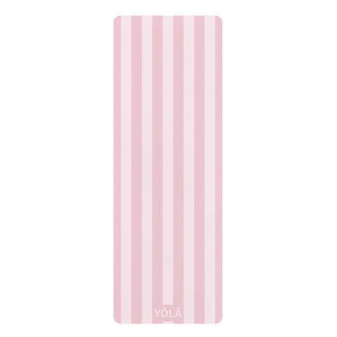 Light pink striped yoga mat with non-slip rubber base and soft microfiber top by YOLA