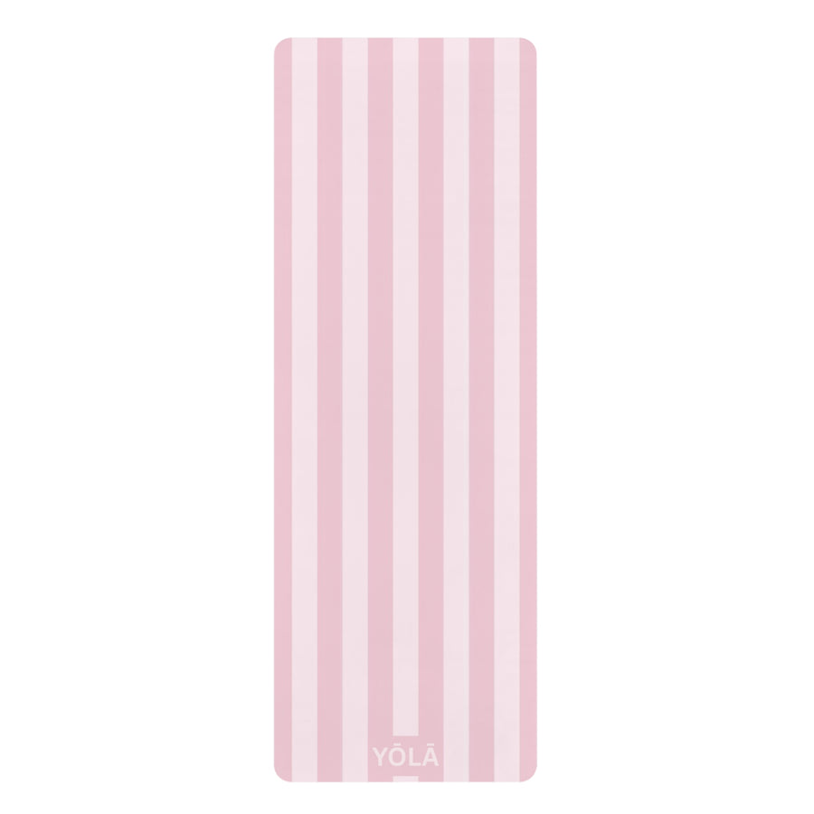 Light pink striped yoga mat with non-slip rubber base and soft microfiber top by YOLA