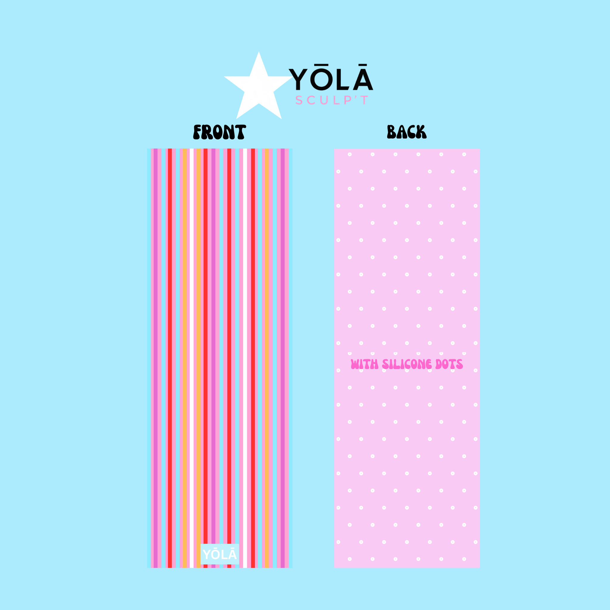 Miami stripes yoga mat towel showing colorful striped front and back with silicone grip dots, non-slip microfiber by Yola