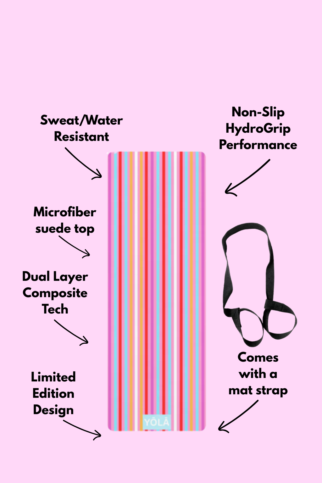Pastel multicolor striped yoga mat with non-slip rubber base, microfiber suede top, and included mat strap by YOLA