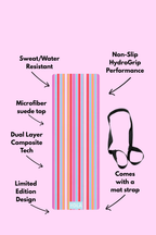 Pastel multicolor striped yoga mat with non-slip rubber base, microfiber suede top, and included mat strap by YOLA