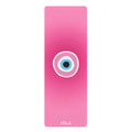 Pink yoga mat with a circular design and 'YOLA' branding on a white background