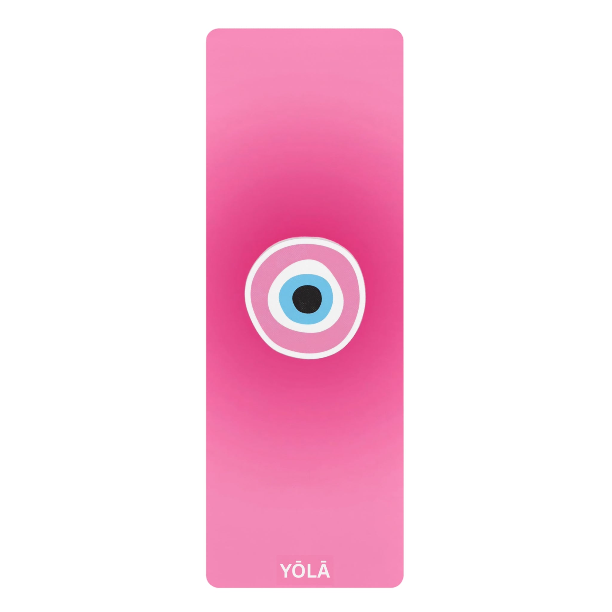 Pink yoga mat with a circular design and 'YOLA' branding on a white background
