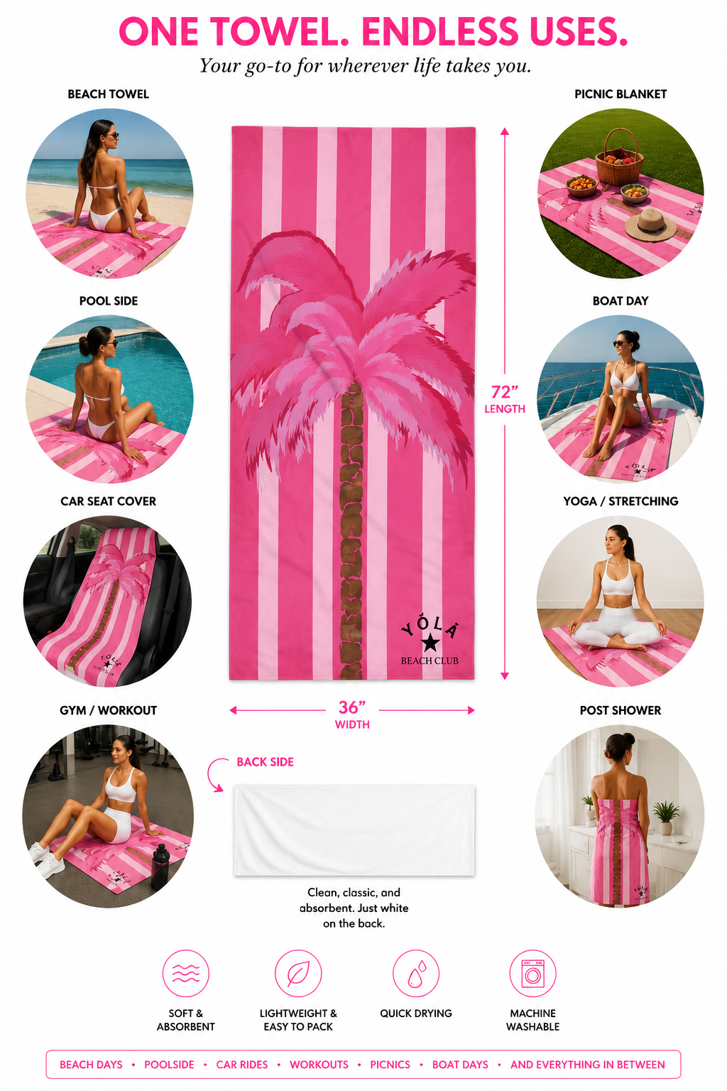 Pink Palm Go-To Towel of YOLA SCULPT showcasing versatile uses including beach days, poolside lounging, picnics, workouts, yoga, boat trips, and post-shower comfort