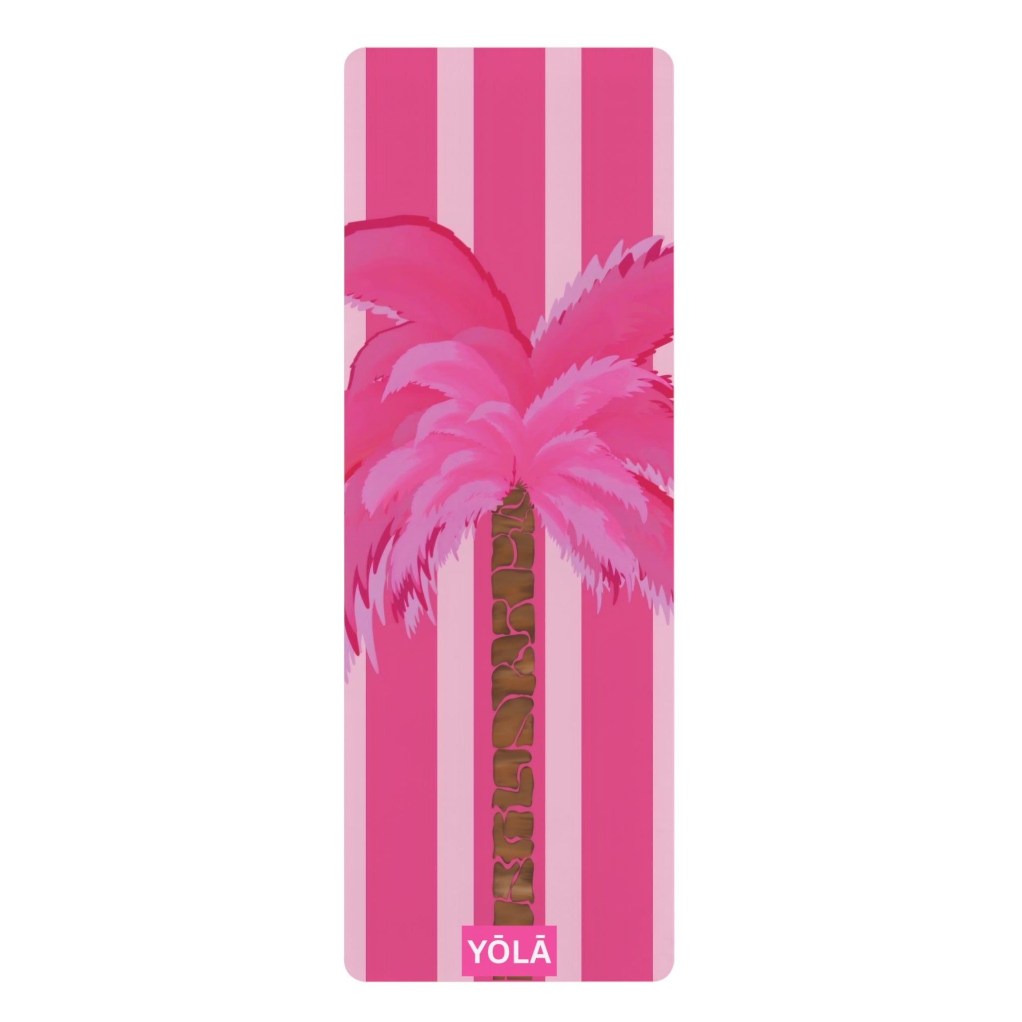 Pink yoga mat with palm tree design and 'Yola' branding on a white background