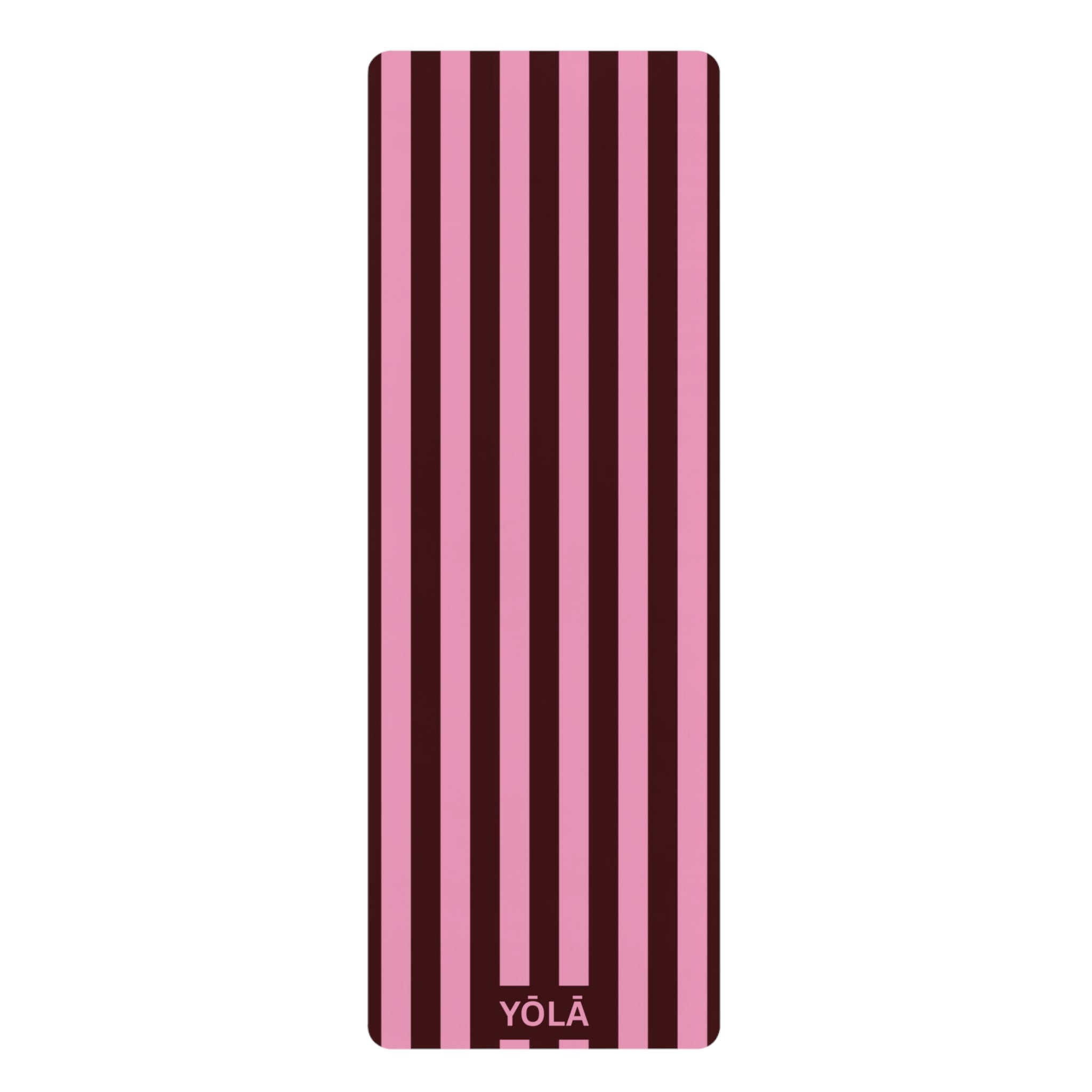 Pink striped yoga mat with non-slip rubber base and microfiber suede top by YOLA
