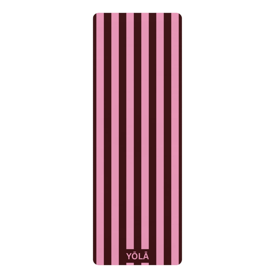 Pink striped yoga mat with non-slip rubber base and microfiber suede top by YOLA