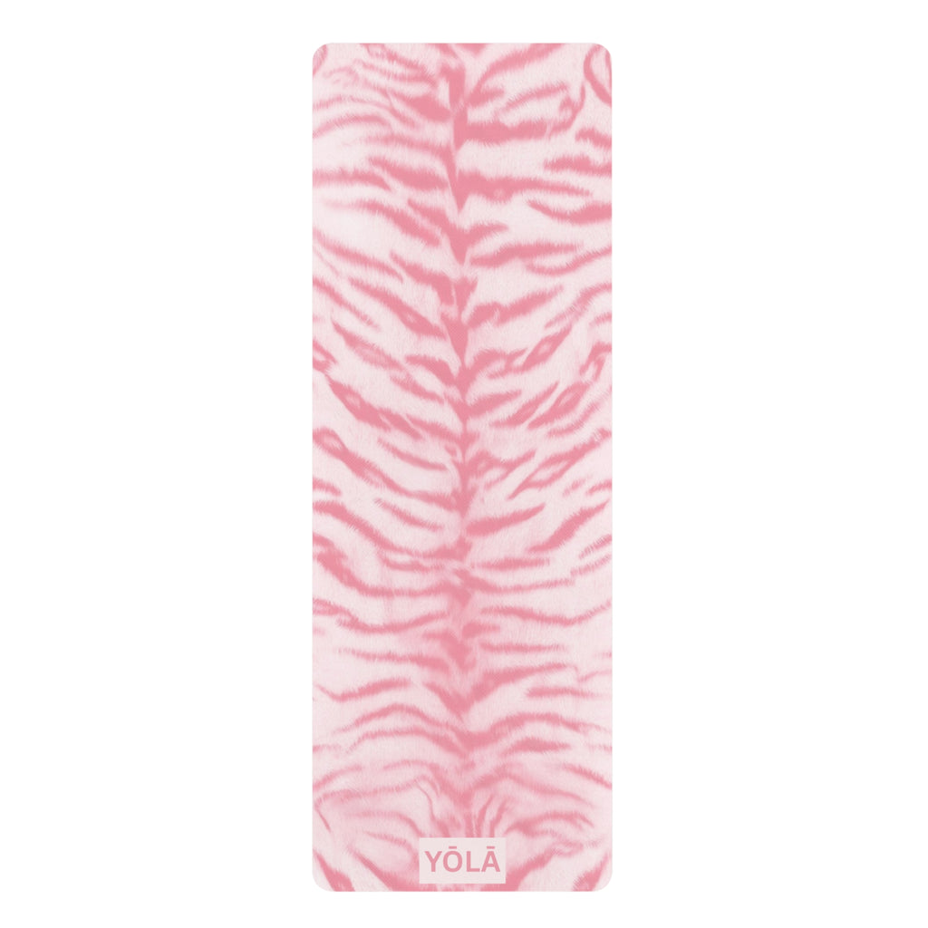 Pink zebra print yoga mat with non-slip rubber base and soft microfiber top by YOLA
