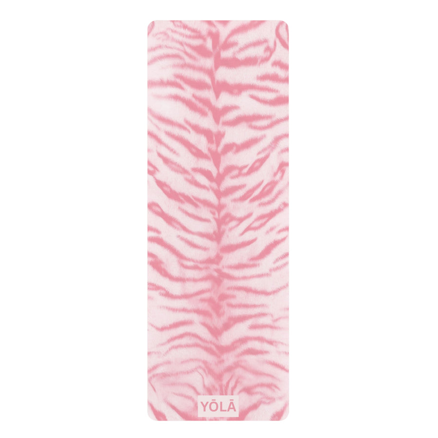 Pink zebra print yoga mat with non-slip rubber base and soft microfiber top by YOLA