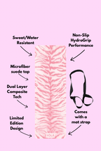 Pink zebra print yoga mat with non-slip microfiber suede surface, sweat-resistant design, and included mat strap by YOLA