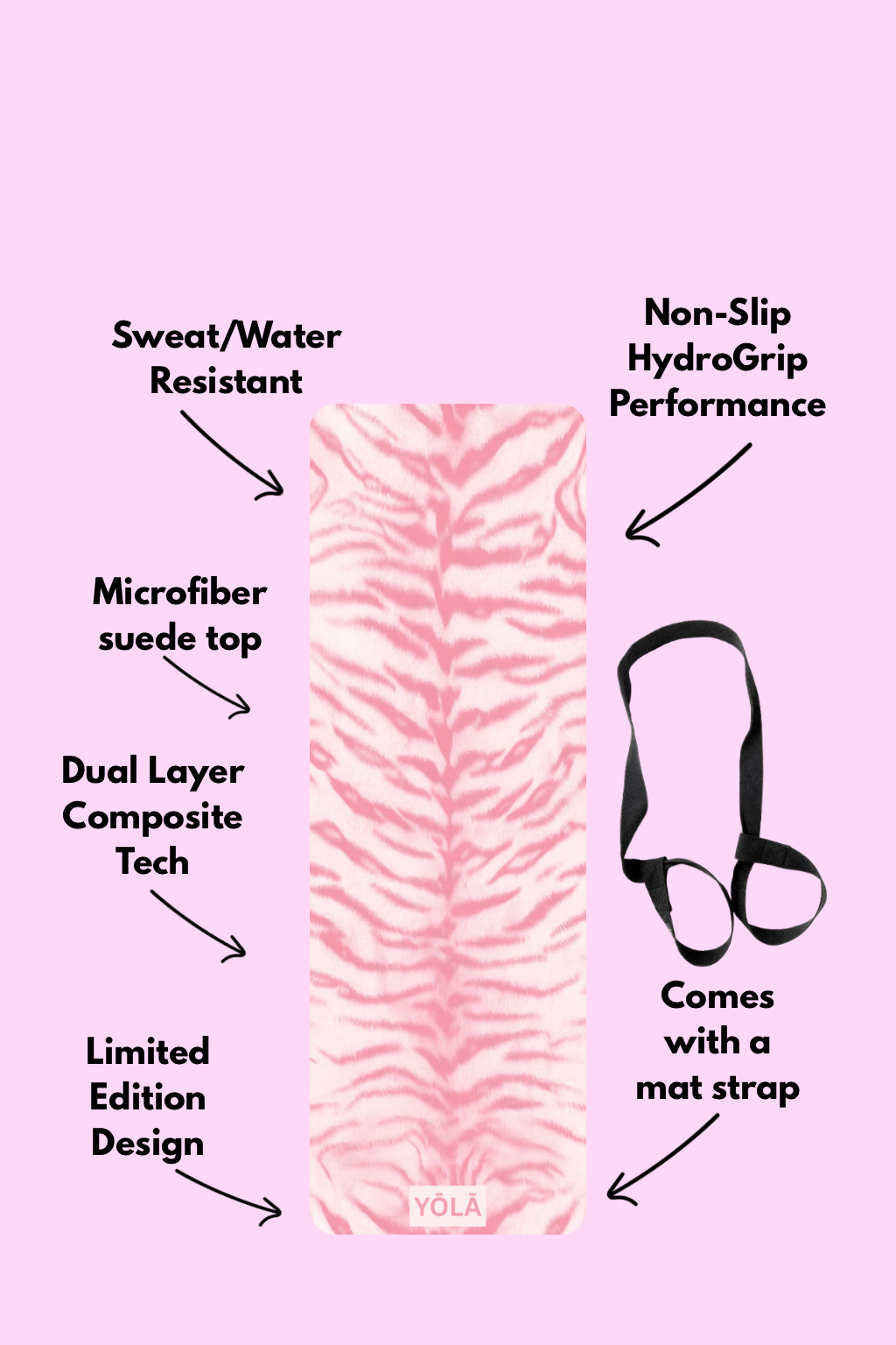 Pink zebra print yoga mat with non-slip microfiber suede surface, sweat-resistant design, and included mat strap by YOLA