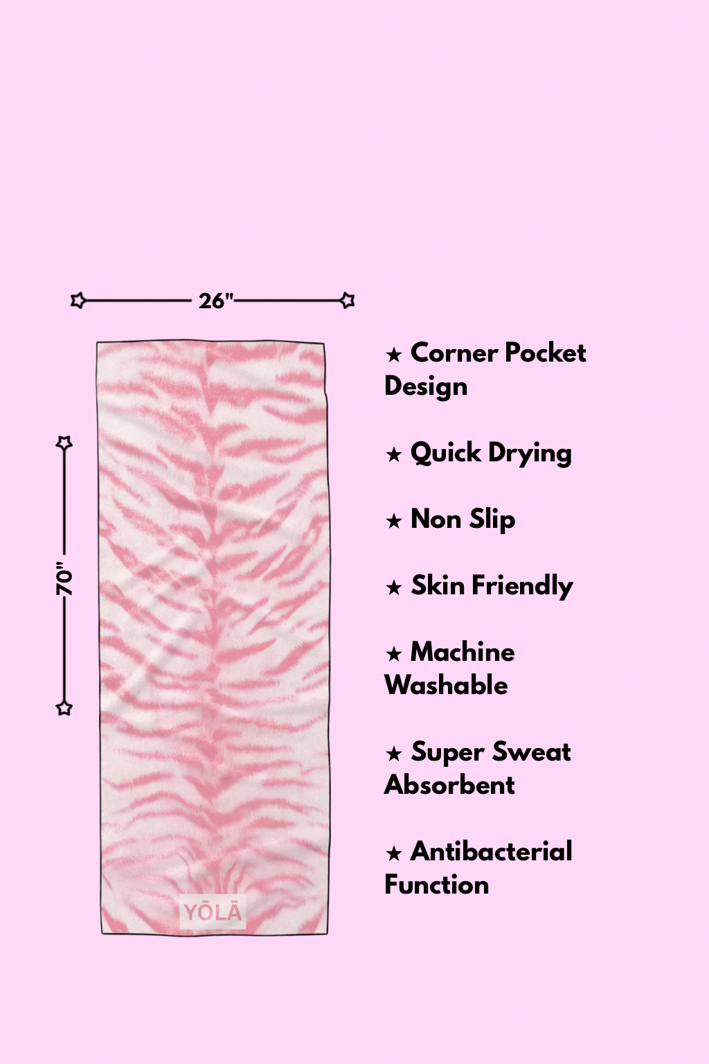 Pink zebra yoga mat towel with dimensions and features including non-slip, quick-drying microfiber suede and corner pocket design