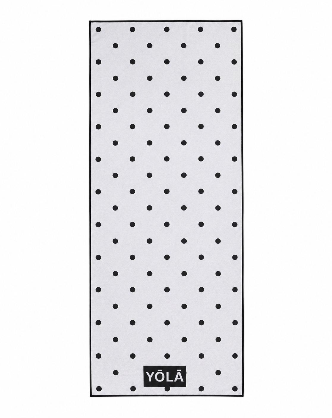 YŌLĀ SCULP'T Polka Princess Grip Towel with a white and black polka dot print, premium microfiber suede, sweat-activated grip, and non-slip silicone dot backing for hot Pilates, hot yoga, barre, and studio workouts.