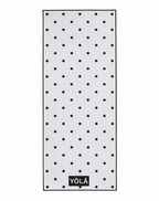 YŌLĀ SCULP'T Polka Princess Grip Towel with a white and black polka dot print, premium microfiber suede, sweat-activated grip, and non-slip silicone dot backing for hot Pilates, hot yoga, barre, and studio workouts.