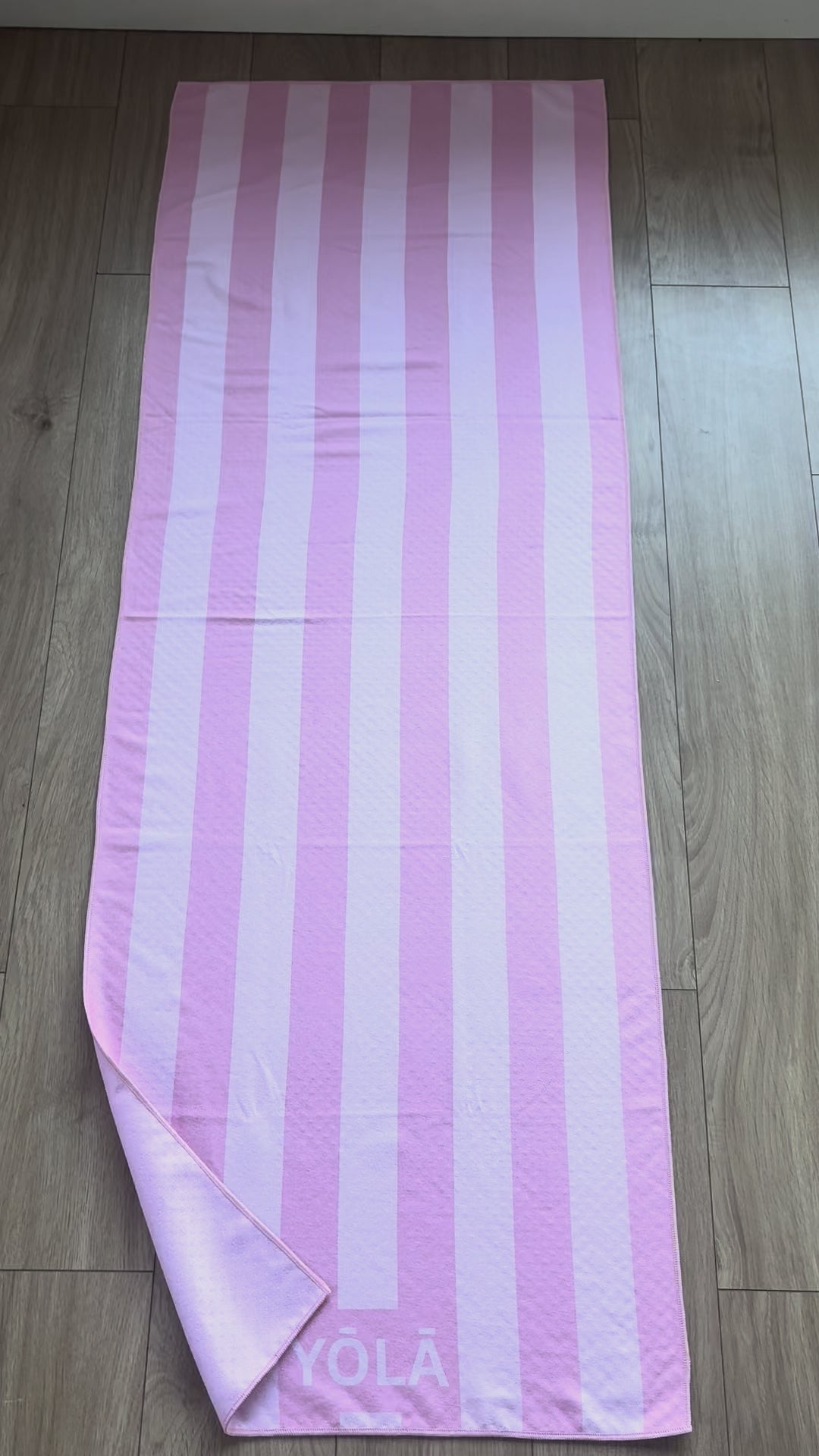 Strawberry Ribbon pink striped Pilates grip towel with non-slip microfiber suede surface and silicone dot backing by YŌLĀ SCULP'T