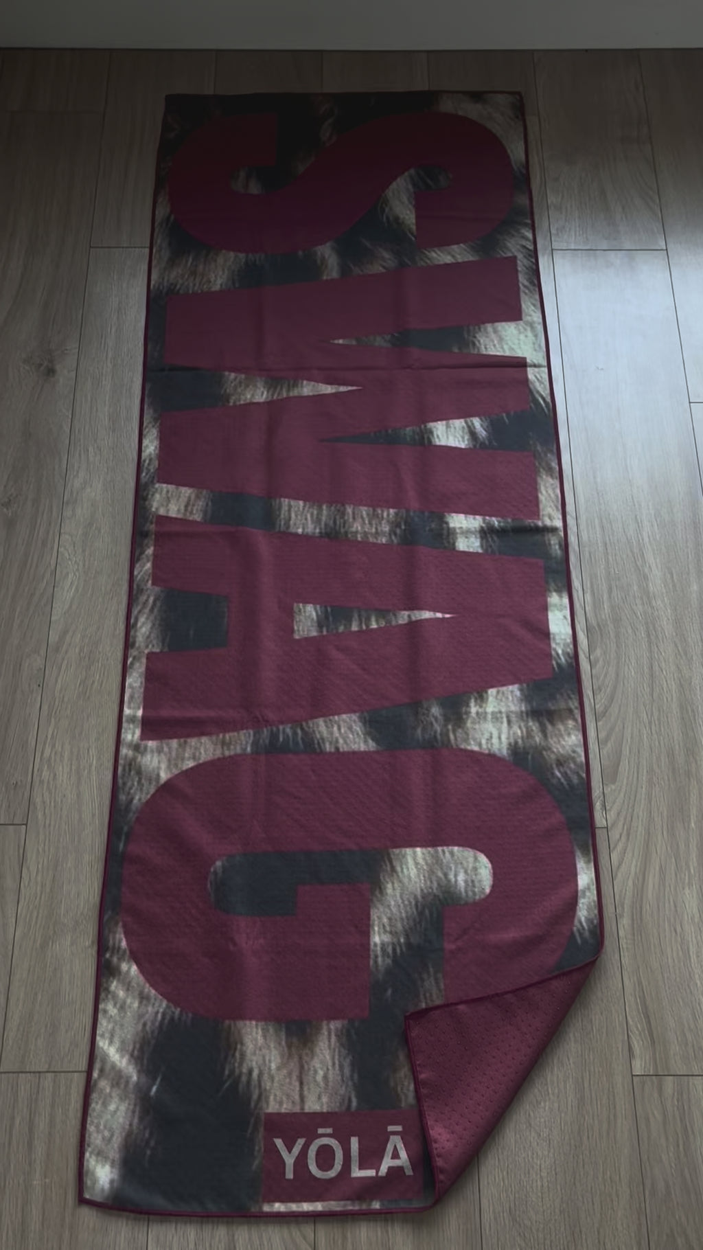 SWAG leopard print Pilates grip towel with burgundy typography, non-slip microfiber suede top and silicone dot backing by YŌLĀ SCULP'T