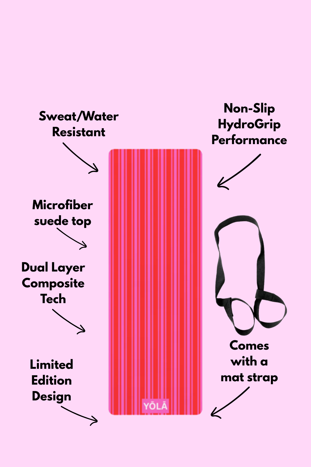 Red and pink striped yoga mat with non-slip rubber base, microfiber suede top, and included carrying strap by YOLA