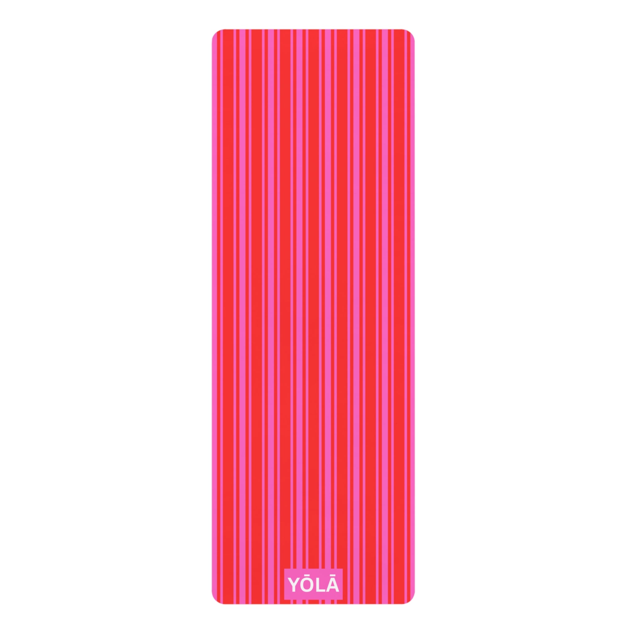 Red and pink striped yoga mat with non-slip rubber base and microfiber suede top by YOLA