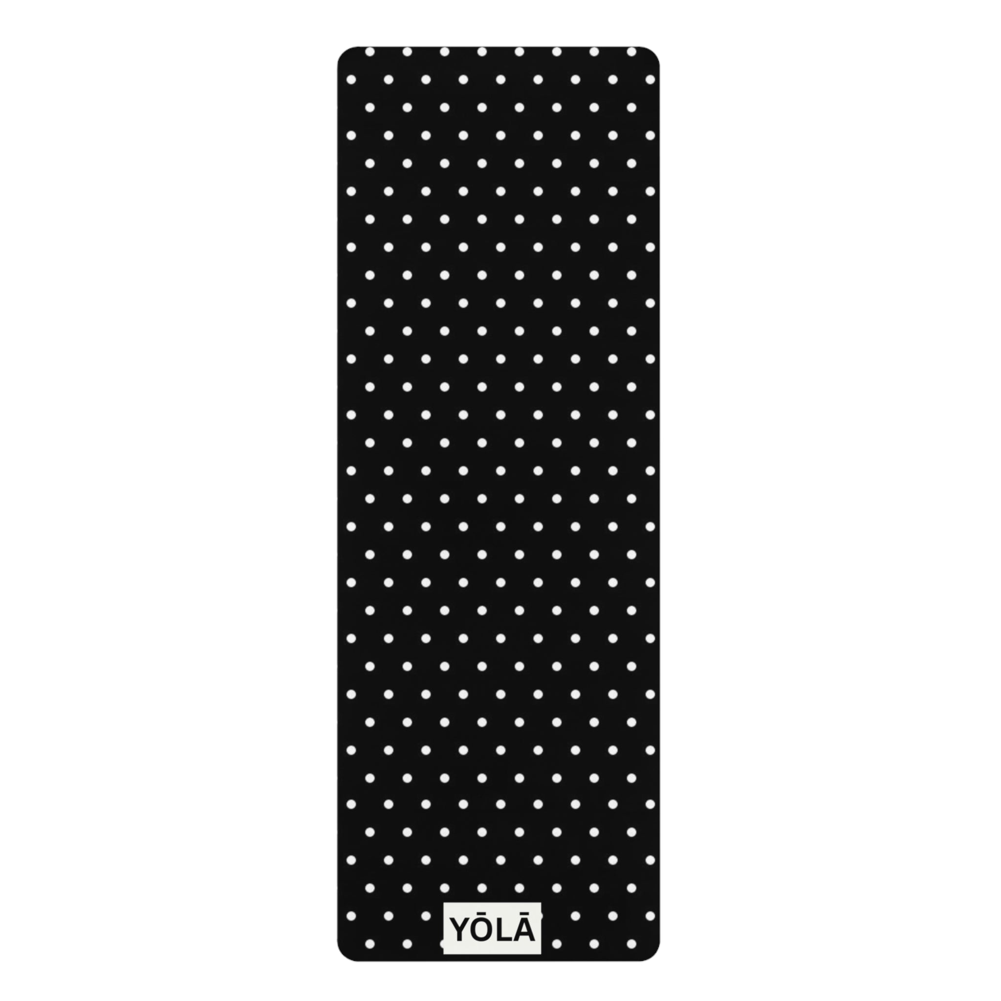 Black and white polka dot yoga mat with non-slip rubber base and microfiber suede top by YOLA