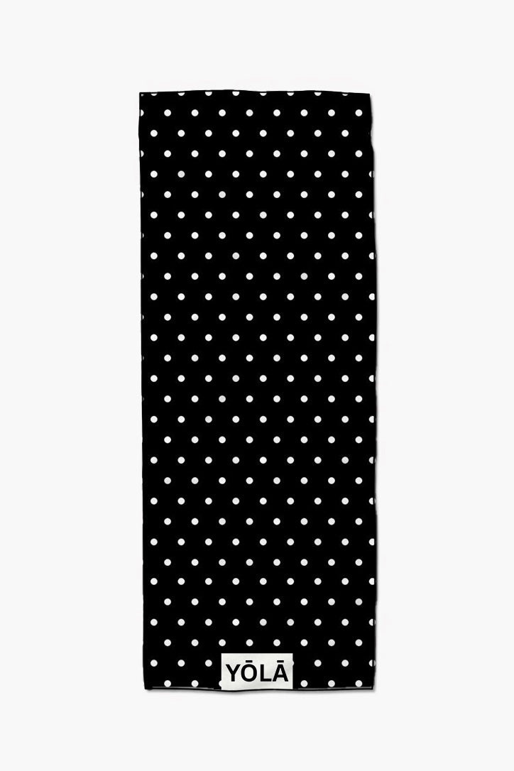 Reverse polka yoga mat towel with white polka dot pattern on black background, non-slip microfiber by Yola