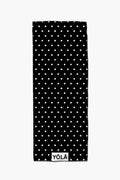 Reverse polka yoga mat towel with white polka dot pattern on black background, non-slip microfiber by Yola