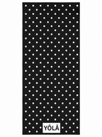YŌLĀ SCULP'T Reverse Polka Grip Towel with a black and white polka dot print, premium microfiber suede, sweat-activated grip, and non-slip silicone dot backing for hot Pilates, hot yoga, and studio workouts.
