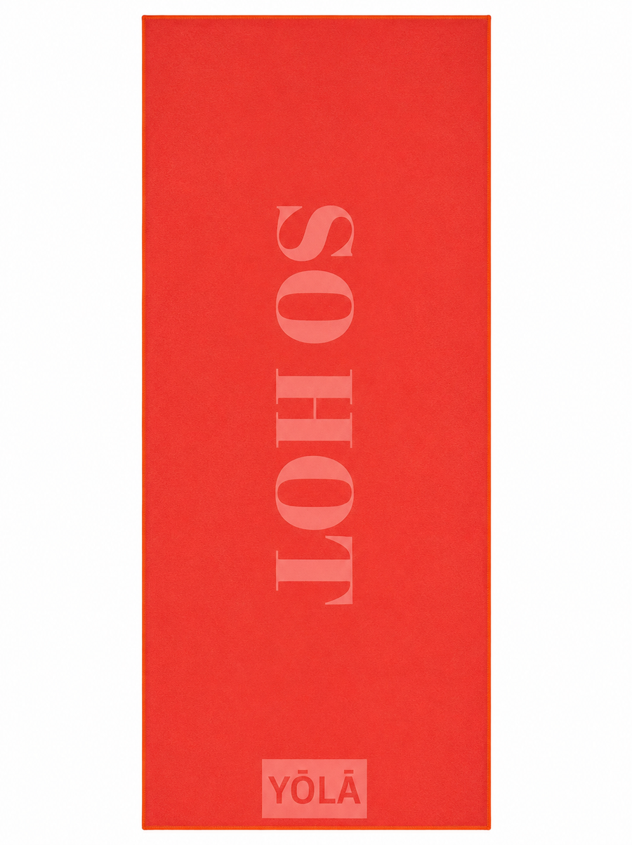 Orange So Hot Grip Towel by YŌLĀ SCULP'T featuring premium microfiber suede, sweat-activated grip, quick-dry fabric, and a non-slip silicone dot backing.