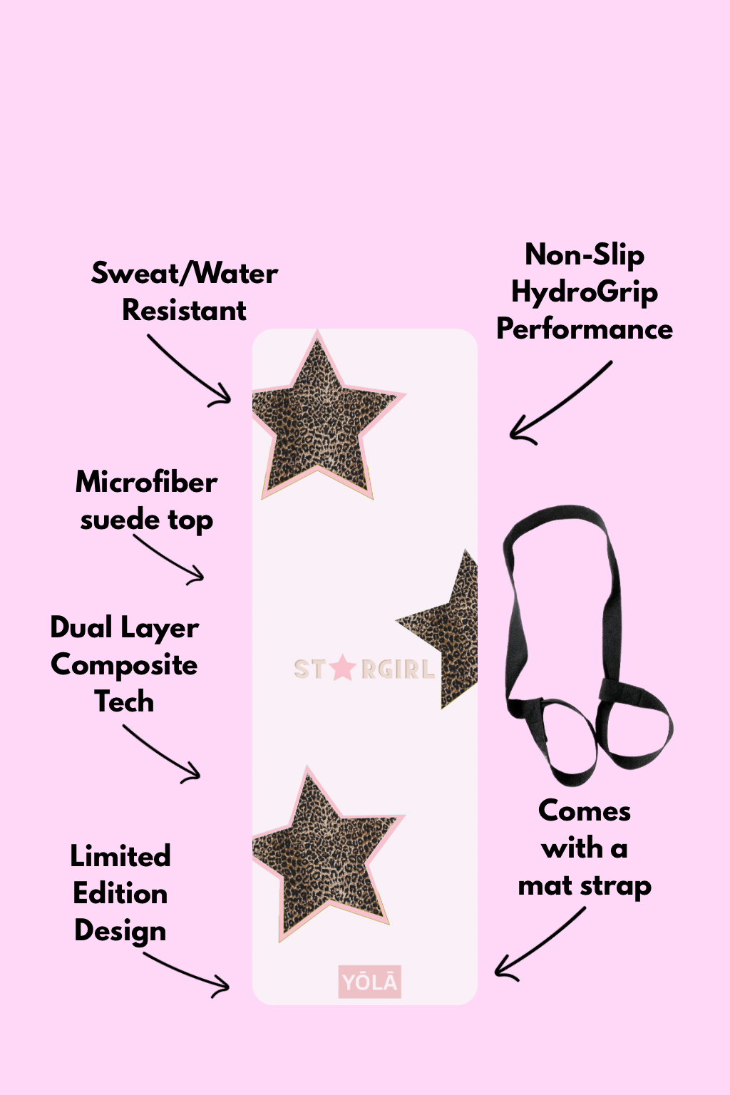 Stargirl yoga mat with leopard print star design showing features including non-slip grip, microfiber suede top, and included carrying strap by YOLA