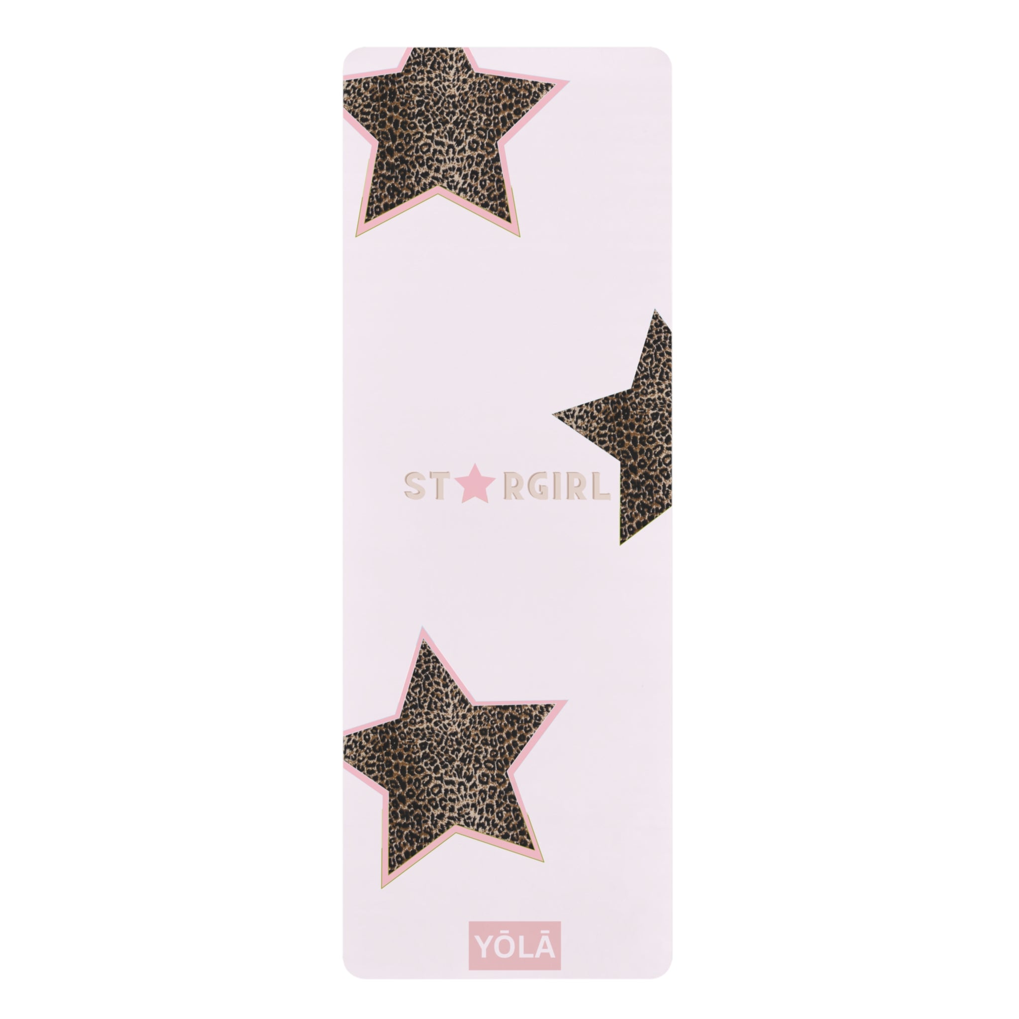 Stargirl yoga mat with leopard print star design on soft pink background and non-slip rubber base by YOLA
