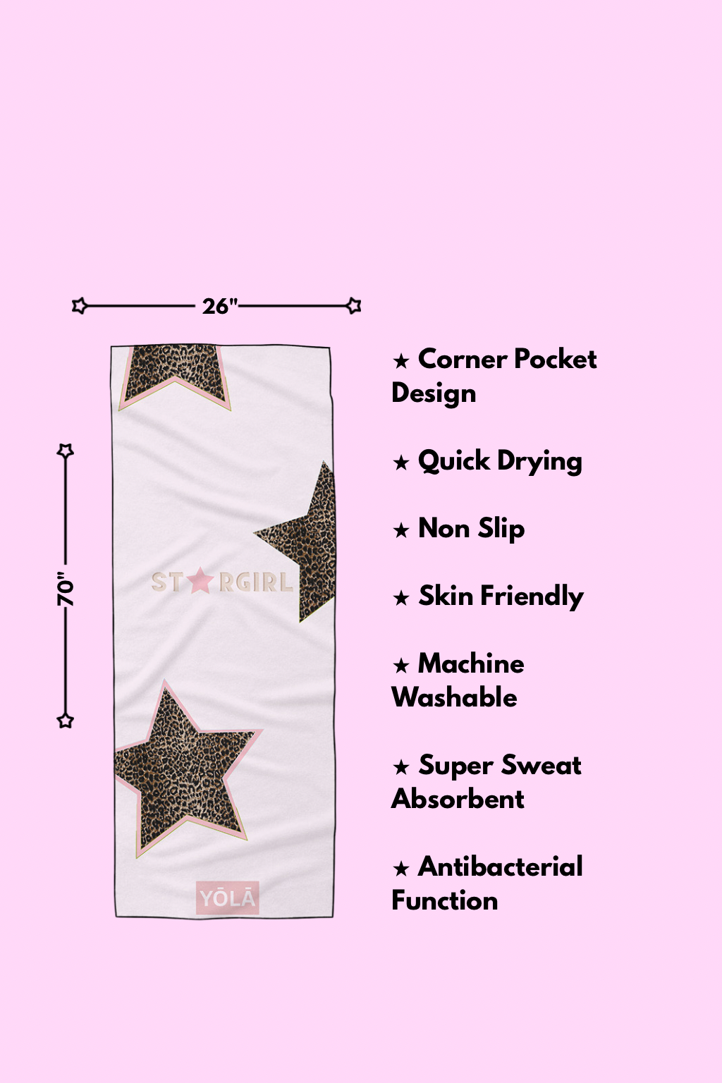 Stargirl yoga mat towel features including non-slip microfiber, quick drying, antibacterial, and corner pocket design by Yola