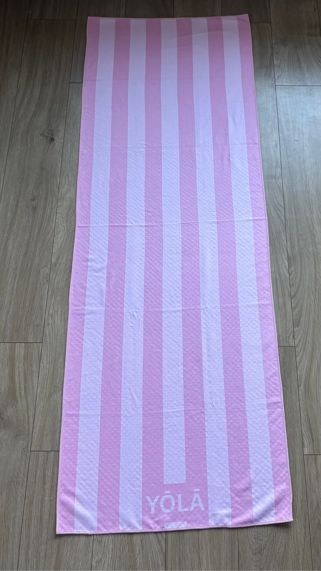 Strawberry Ribbon pink striped Pilates grip towel with non-slip microfiber suede surface by YŌLĀ SCULP'T