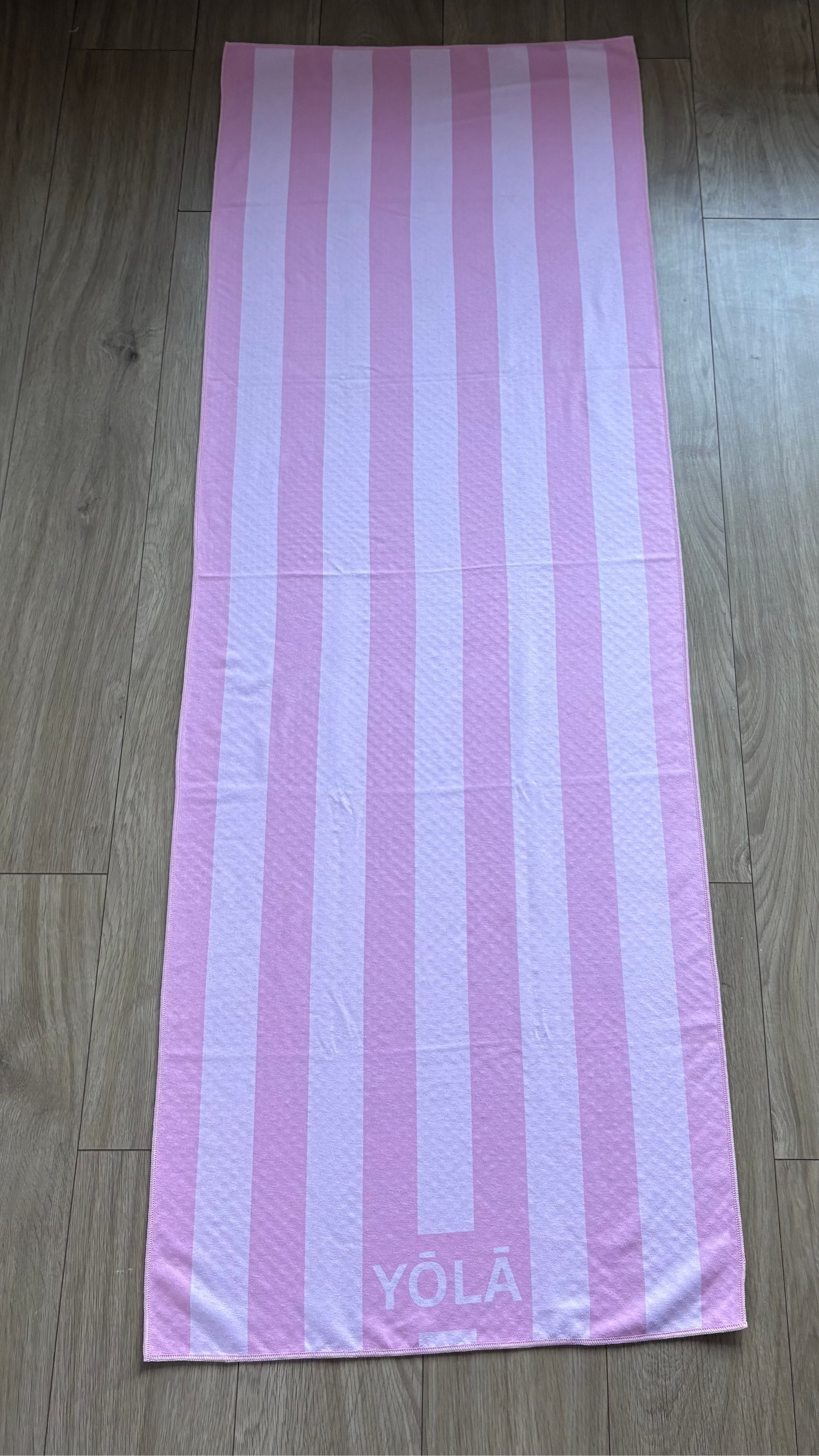 Strawberry Ribbon pink striped Pilates grip towel with non-slip microfiber suede surface by YŌLĀ SCULP'T
