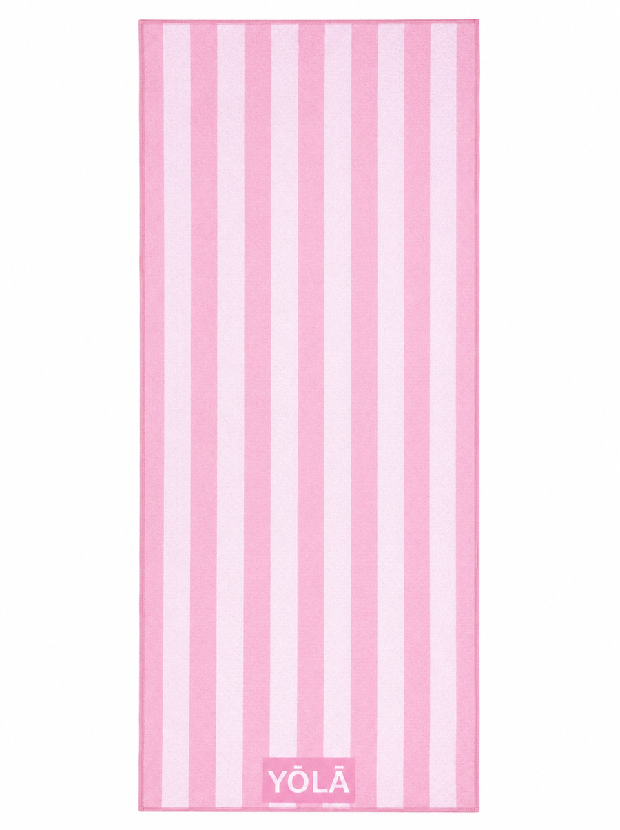 Strawberry Ribbon pink striped Pilates grip towel, non-slip microfiber suede hot yoga towel by YŌLĀ SCULP'T