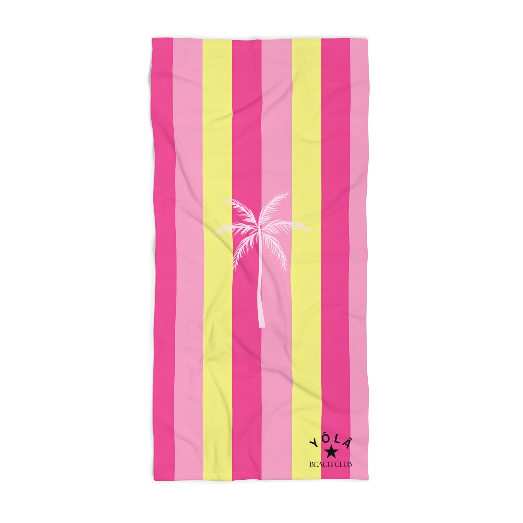 Stripped Palm Go-To Towel of YOLA SCULPT featuring a soft and absorbent polyester-cotton blend, ideal for beach days, poolside relaxation, travel, and everyday use