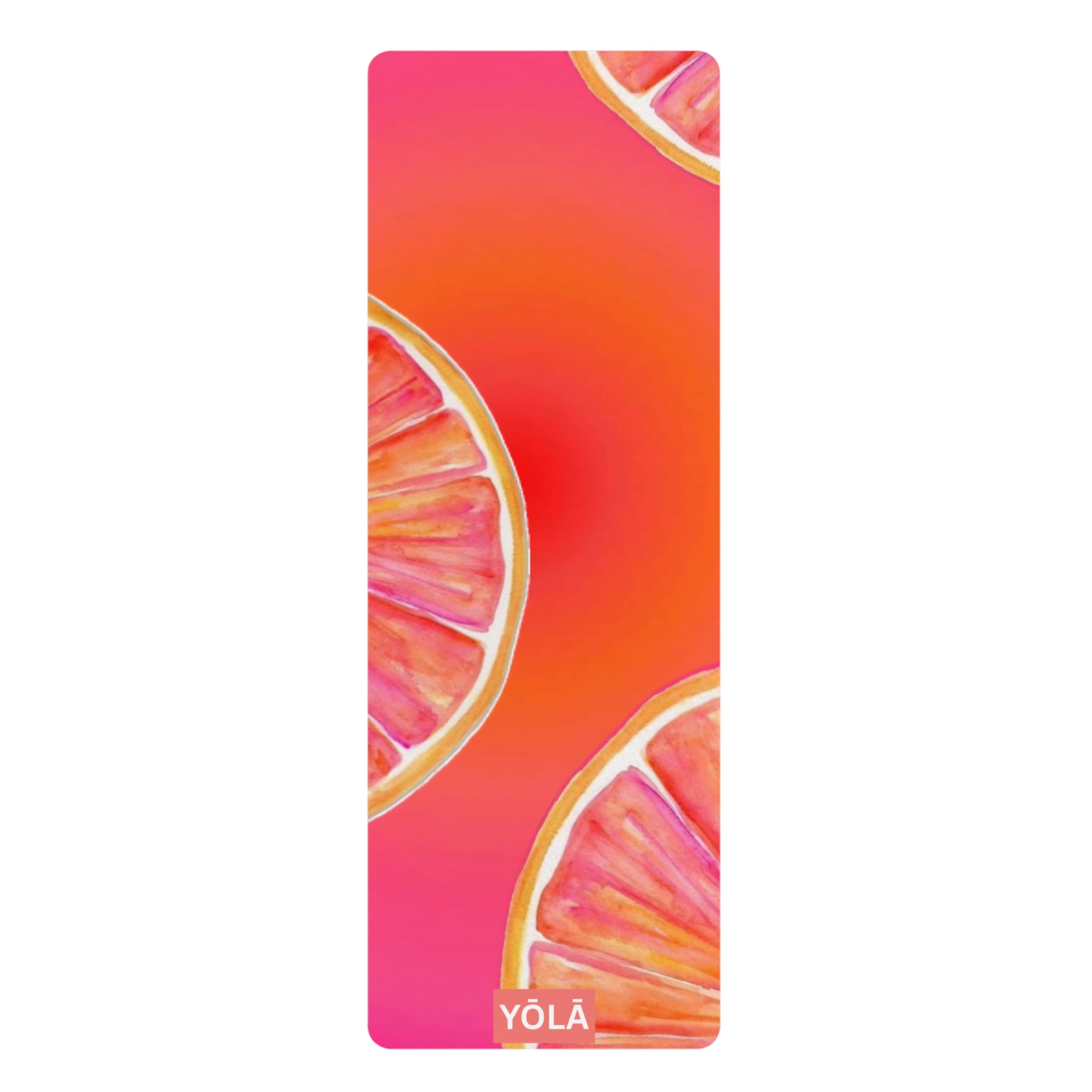 Yoga mat with pink and orange design featuring the brand 'Yola' on a white background