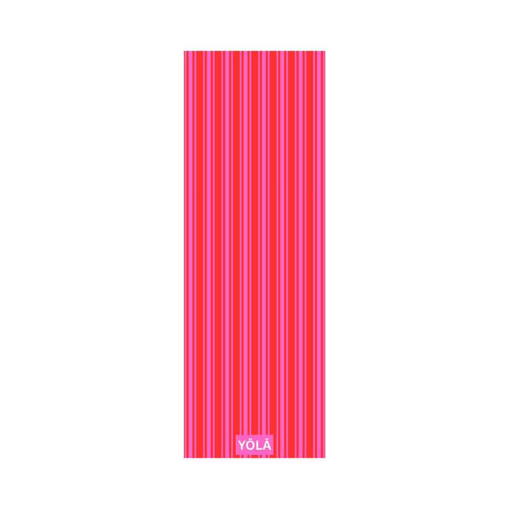 Sun-kissed striped yoga mat towel with vibrant pink and red vertical lines, non-slip microfiber surface by Yola