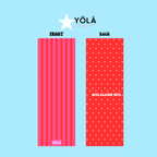 Sun-kissed striped yoga mat towel with non-slip microfiber front and silicone grip dot backing by Yola
