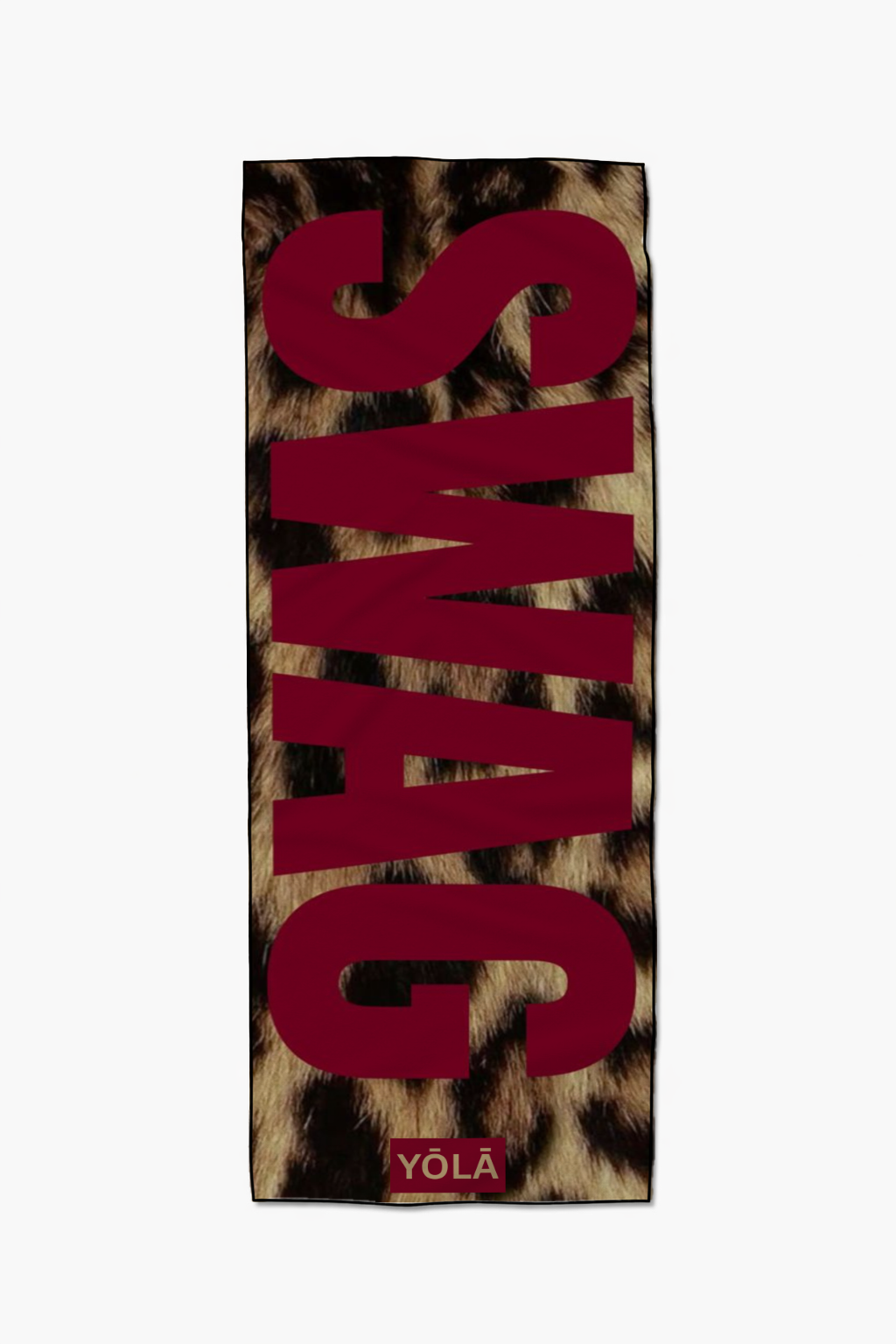 Swag yoga mat towel with leopard animal print and bold red lettering, non-slip microfiber by Yola