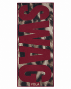 Leopard print Pilates grip towel with bold burgundy typography, non-slip microfiber suede hot yoga towel by YŌLĀ SCULP'T