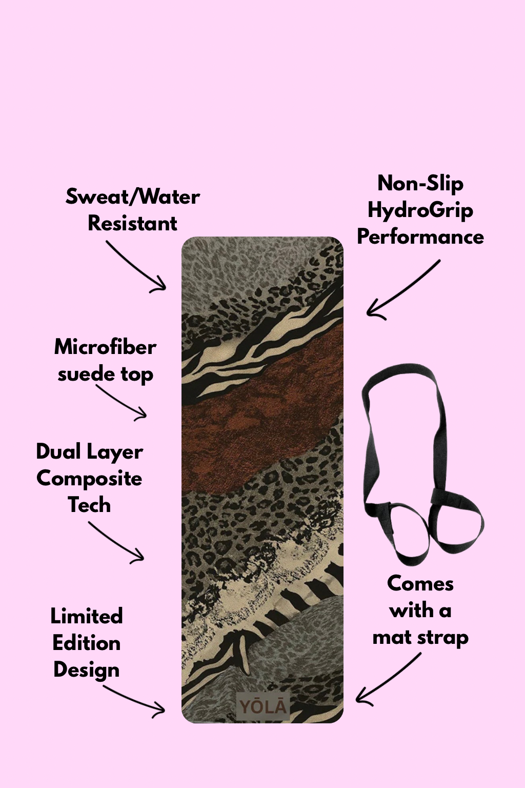Vintage zebra animal print yoga mat showing features including non-slip grip, microfiber suede top, and included carrying strap by YOLA