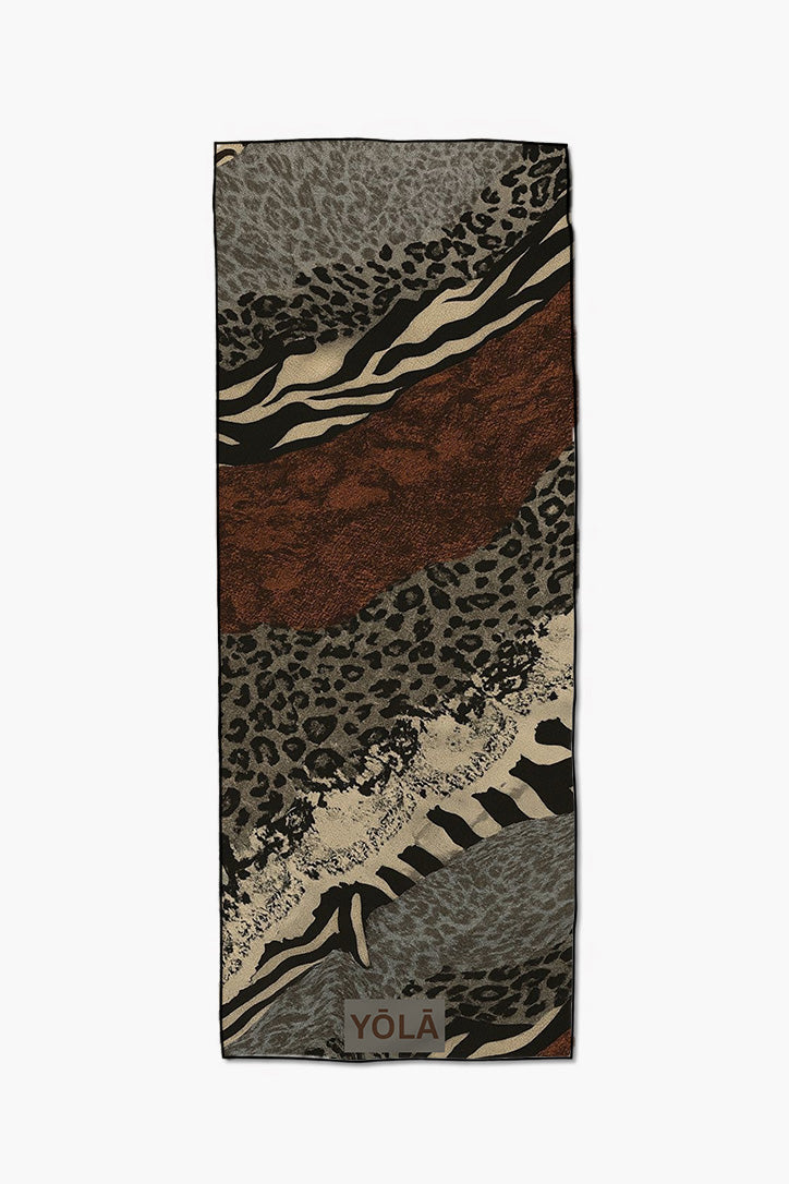 Vintage zebra yoga mat towel with mixed animal print patterns in neutral tones, non-slip microfiber by Yola