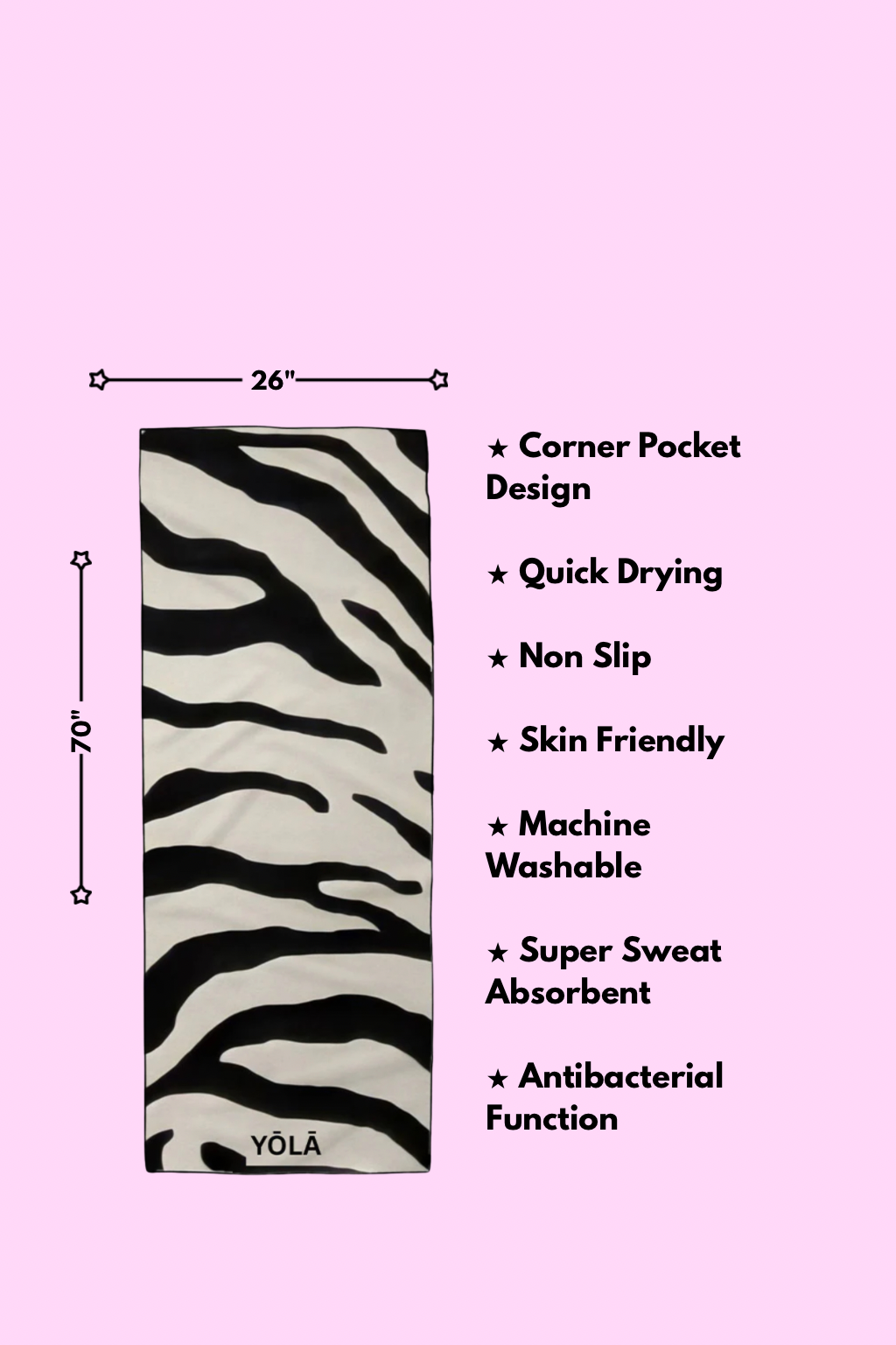 YOLA black and white zebra-print yoga mat towel, 26” x 70”, featuring corner pocket design, quick-drying, non-slip, skin-friendly, machine washable, super sweat absorbent, and antibacterial.
