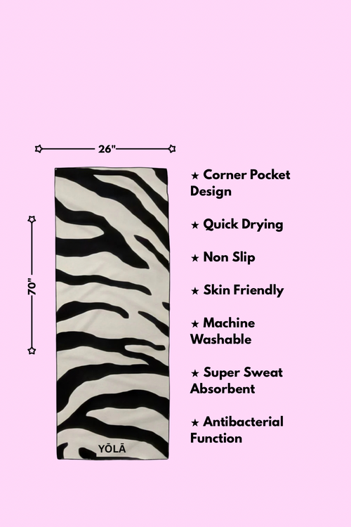 YOLA black and white zebra-print yoga mat towel, 26” x 70”, featuring corner pocket design, quick-drying, non-slip, skin-friendly, machine washable, super sweat absorbent, and antibacterial.